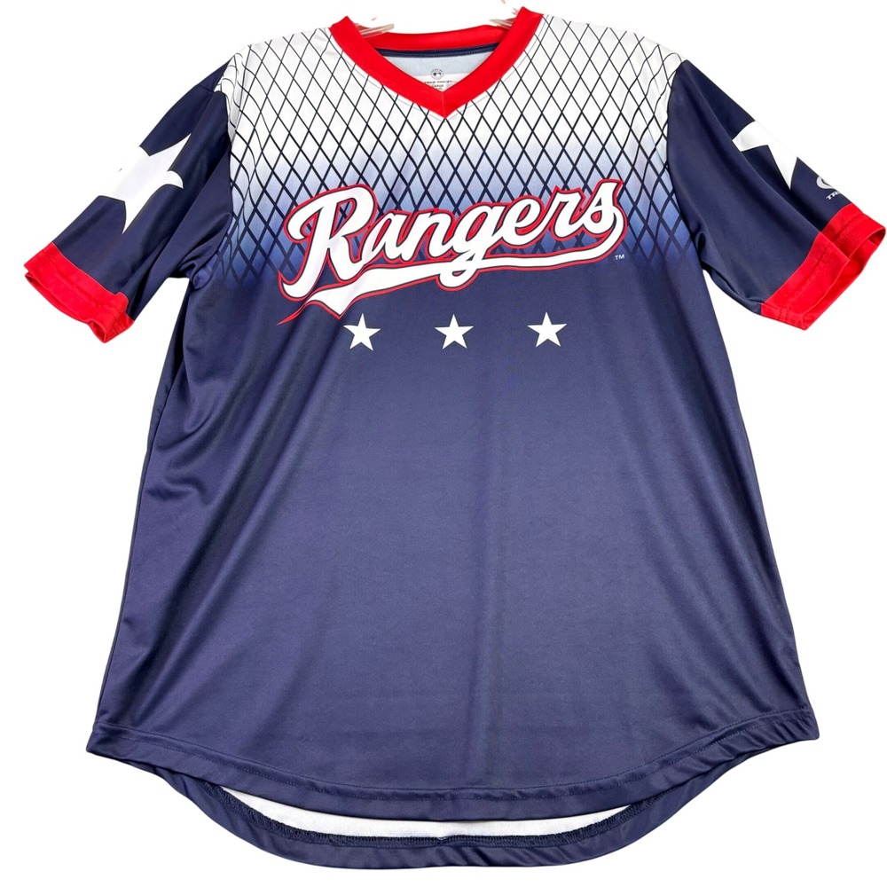 True‎ Fan Mens Large Navy Blue Texas Rangers MLB Jersey Shirt Stars Baseball